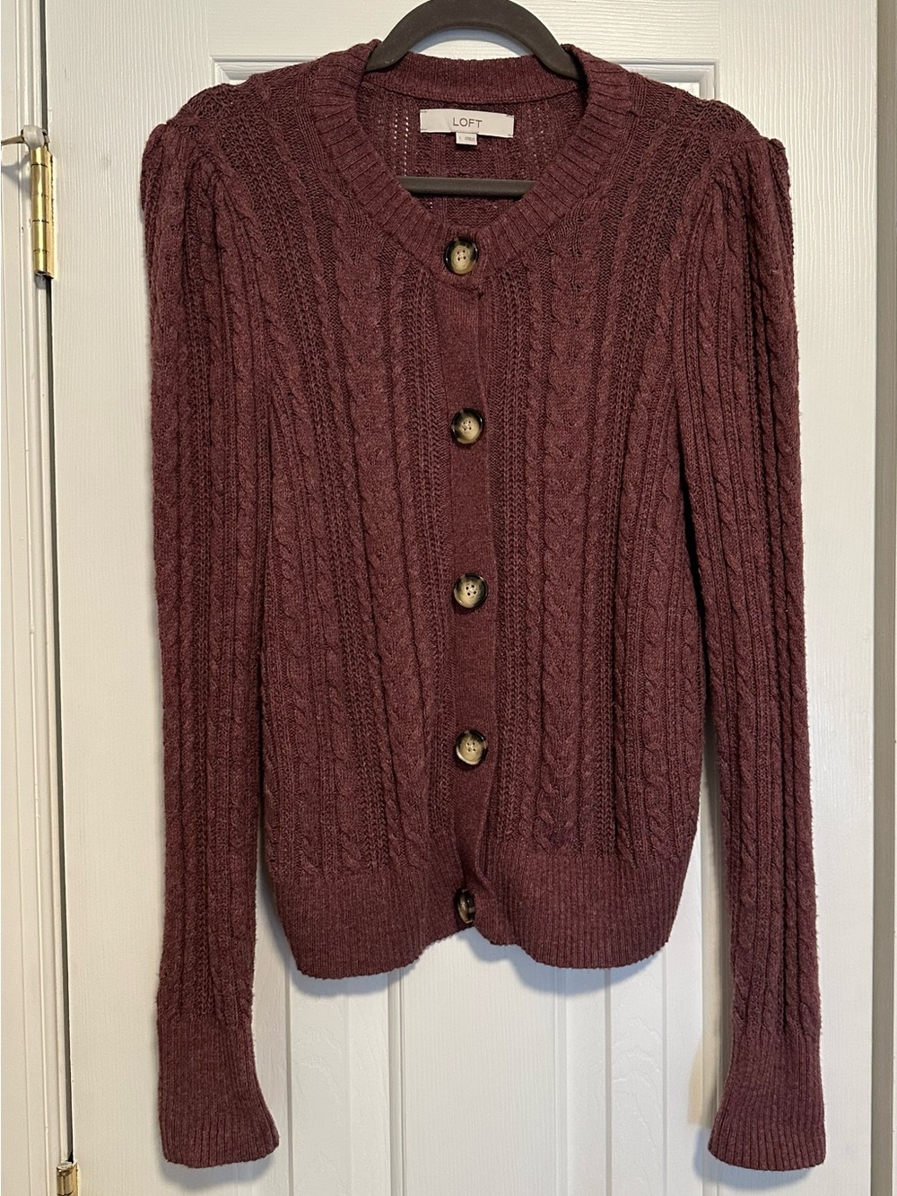 LOFT Cable Knit Button-Up Cardigan marled Burgundy cotton blend size large